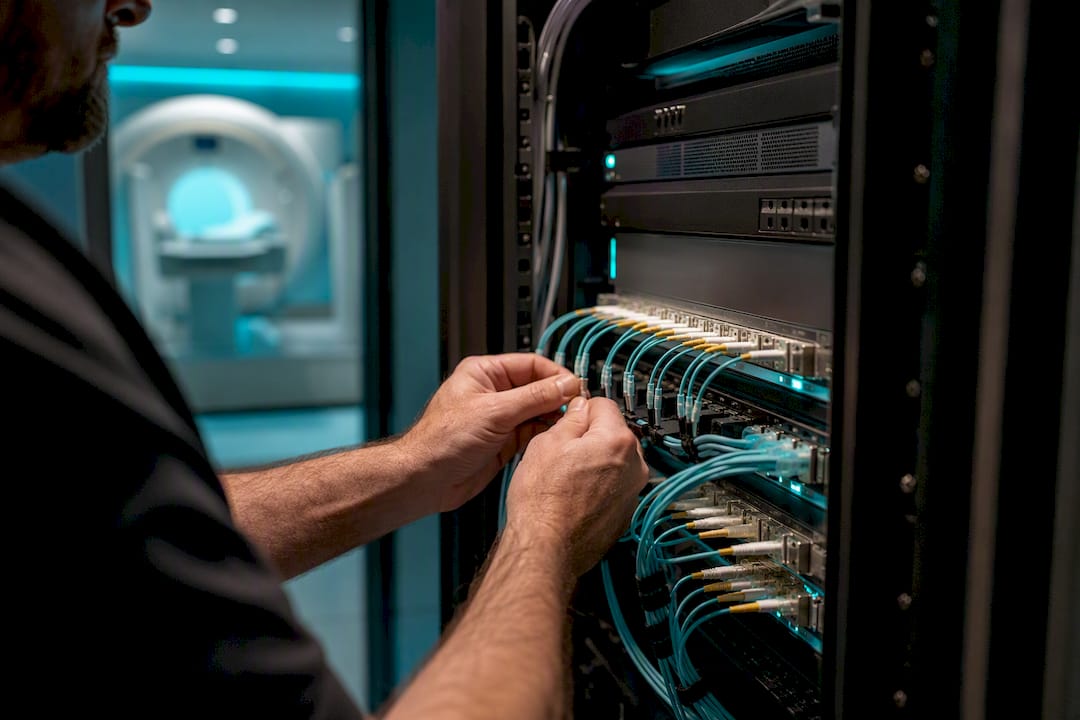 Technician connecting network cables in data center