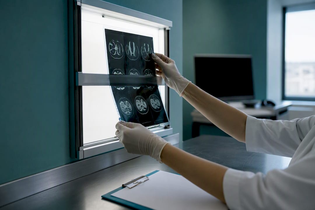 Hands placing radiology film on lightbox
