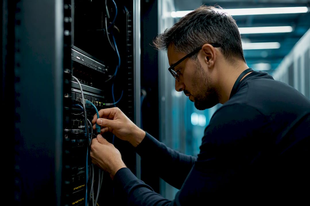 Hands connecting network cables in hospital server room