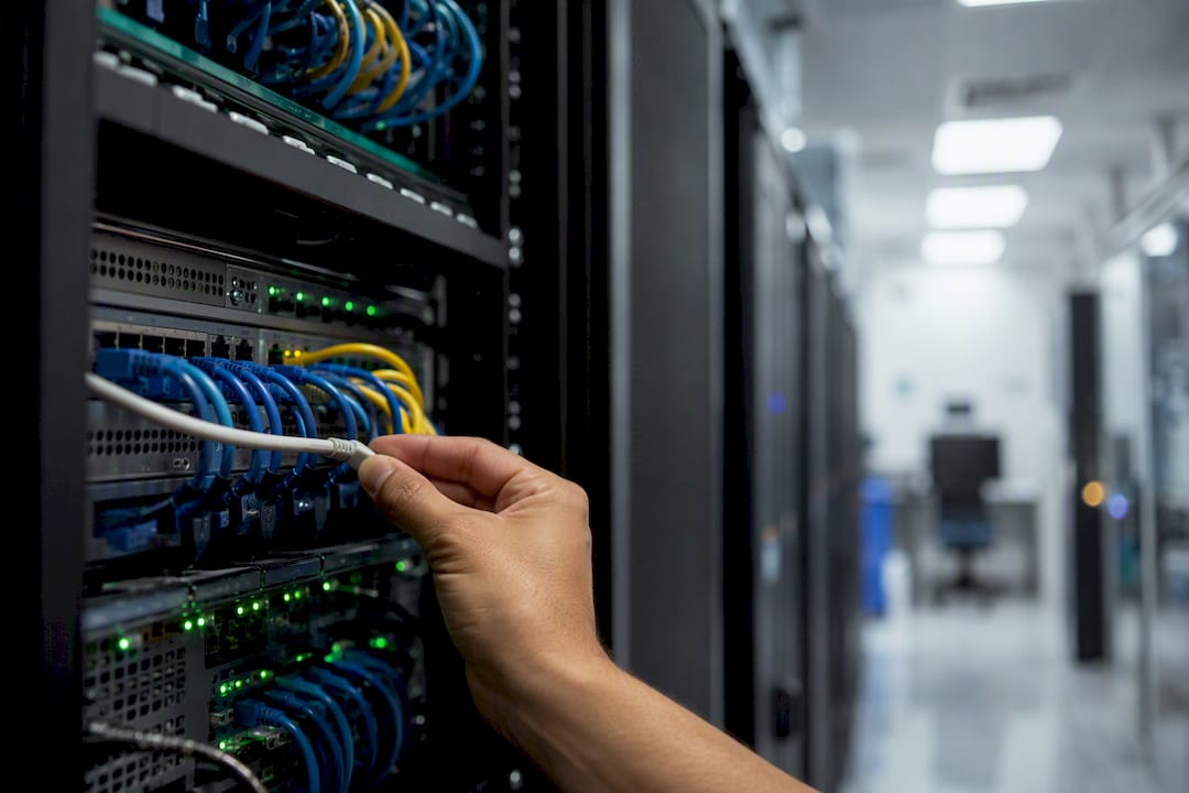 Hand adjusting network switch in hospital server room
