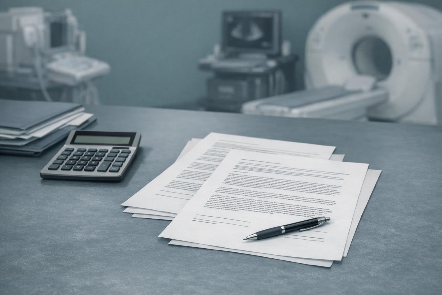A procurement desk with printed contracts and a calculator, illustrating how to clear an 8,000-study imaging backlog in 2026