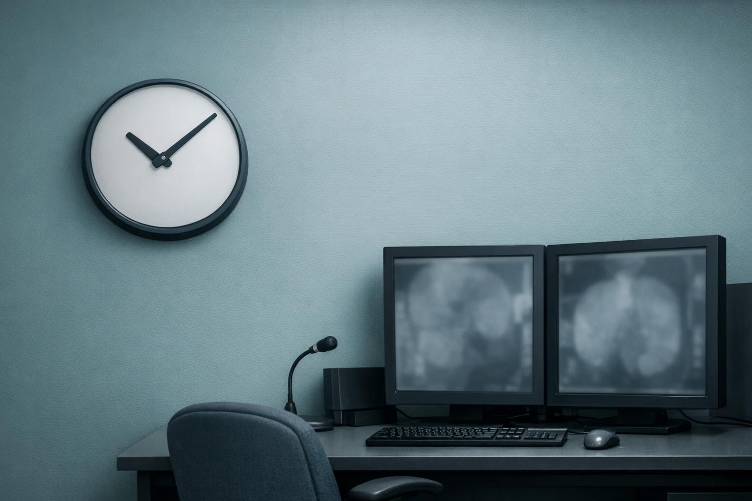 A wall clock beside a radiology workstation in an empty reading room, illustrating when to request a second opinion MRI read