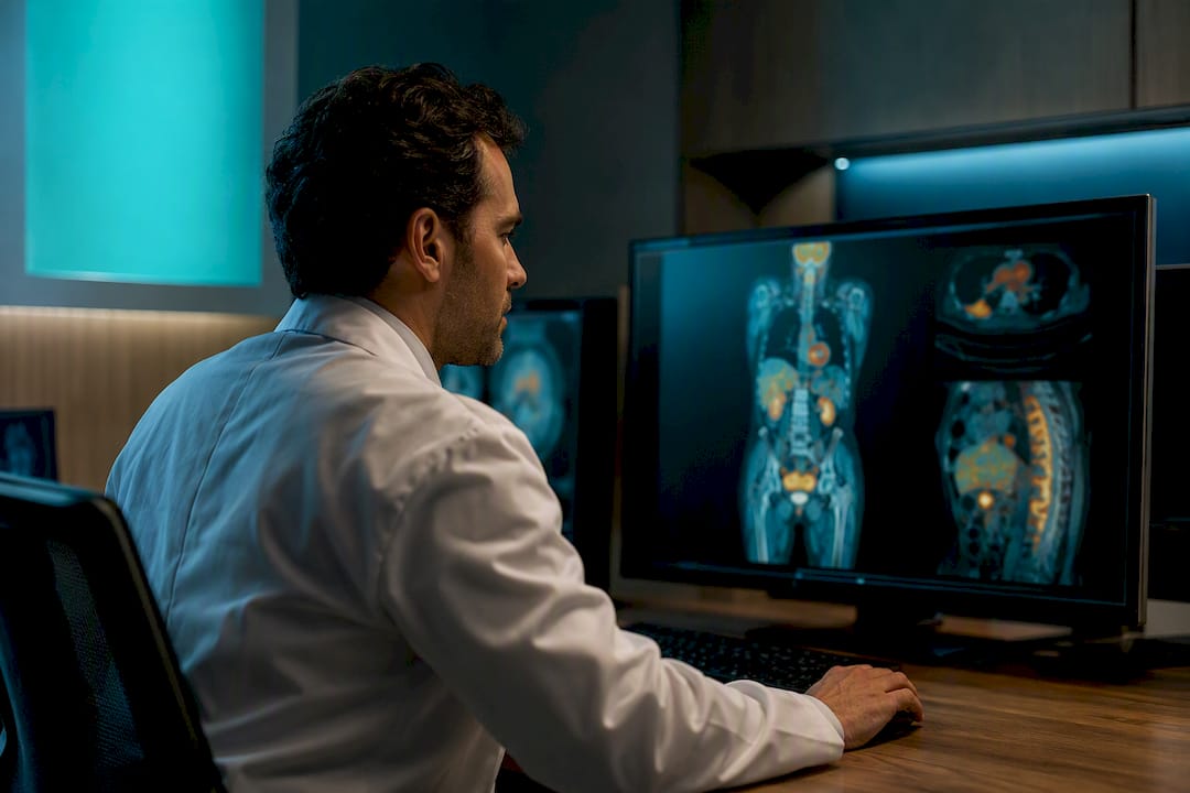 Radiologist reviewing a PET CT overread
