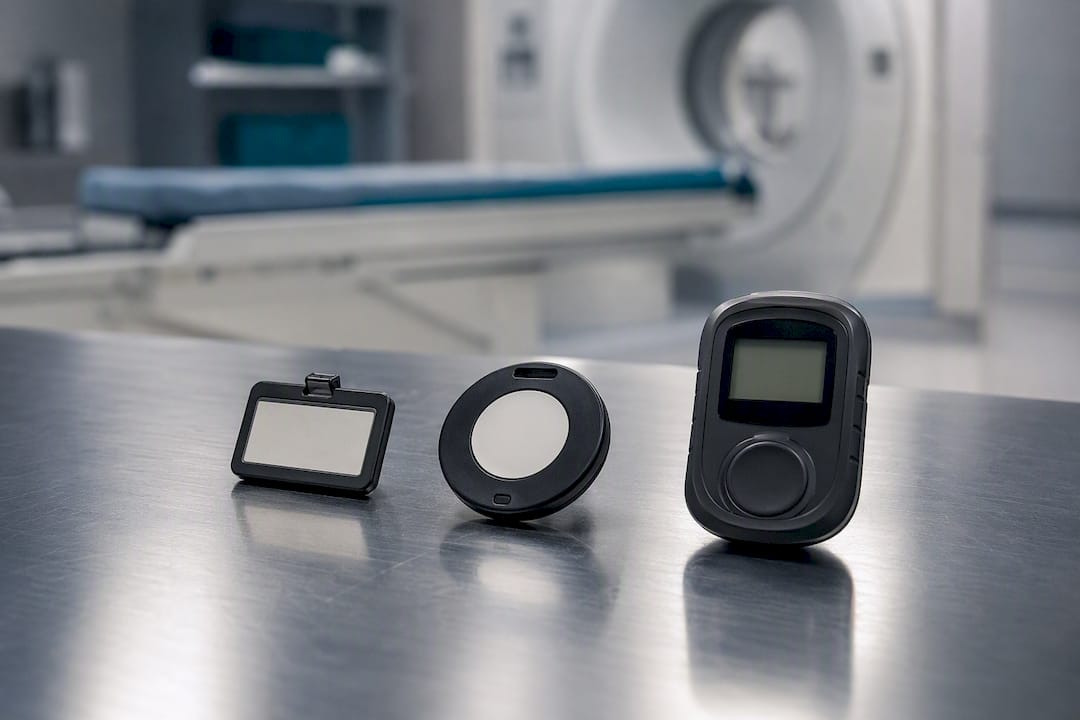 Three types of radiation dosimeters on bench