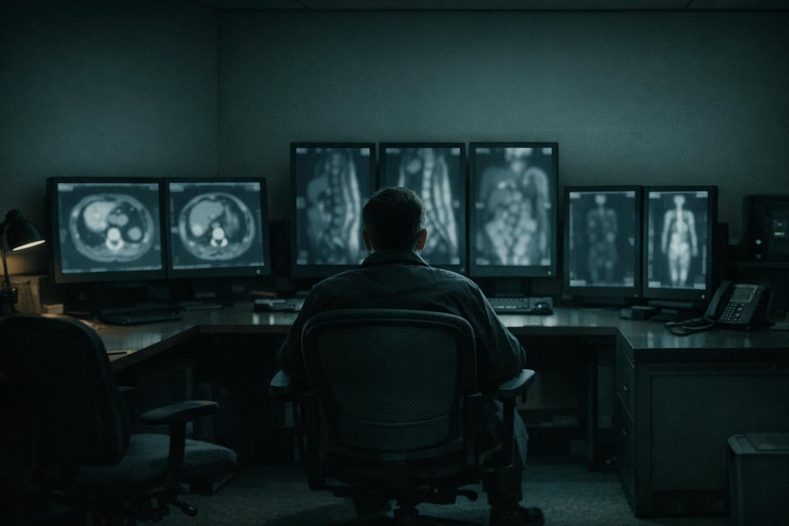 A darkened reading room at night with lit diagnostic displays, illustrating how to compare teleradiology groups