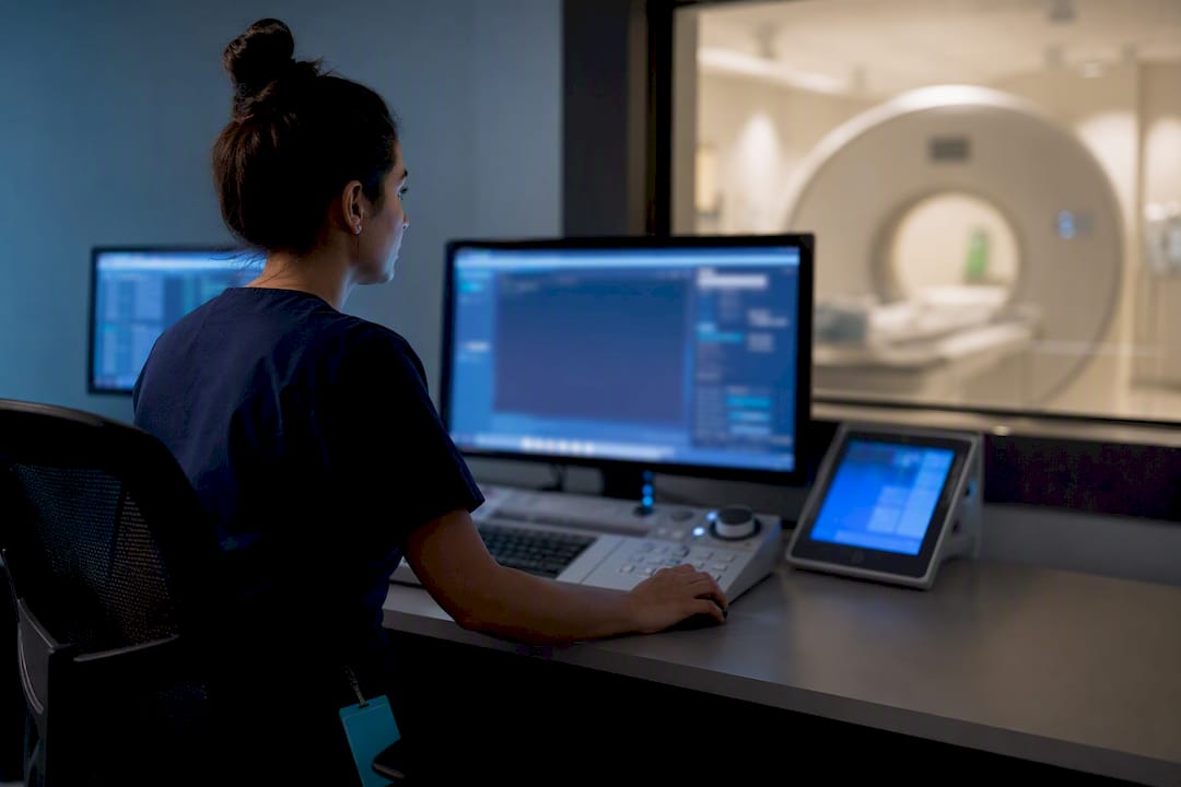 Technologist verifying imaging study metadata