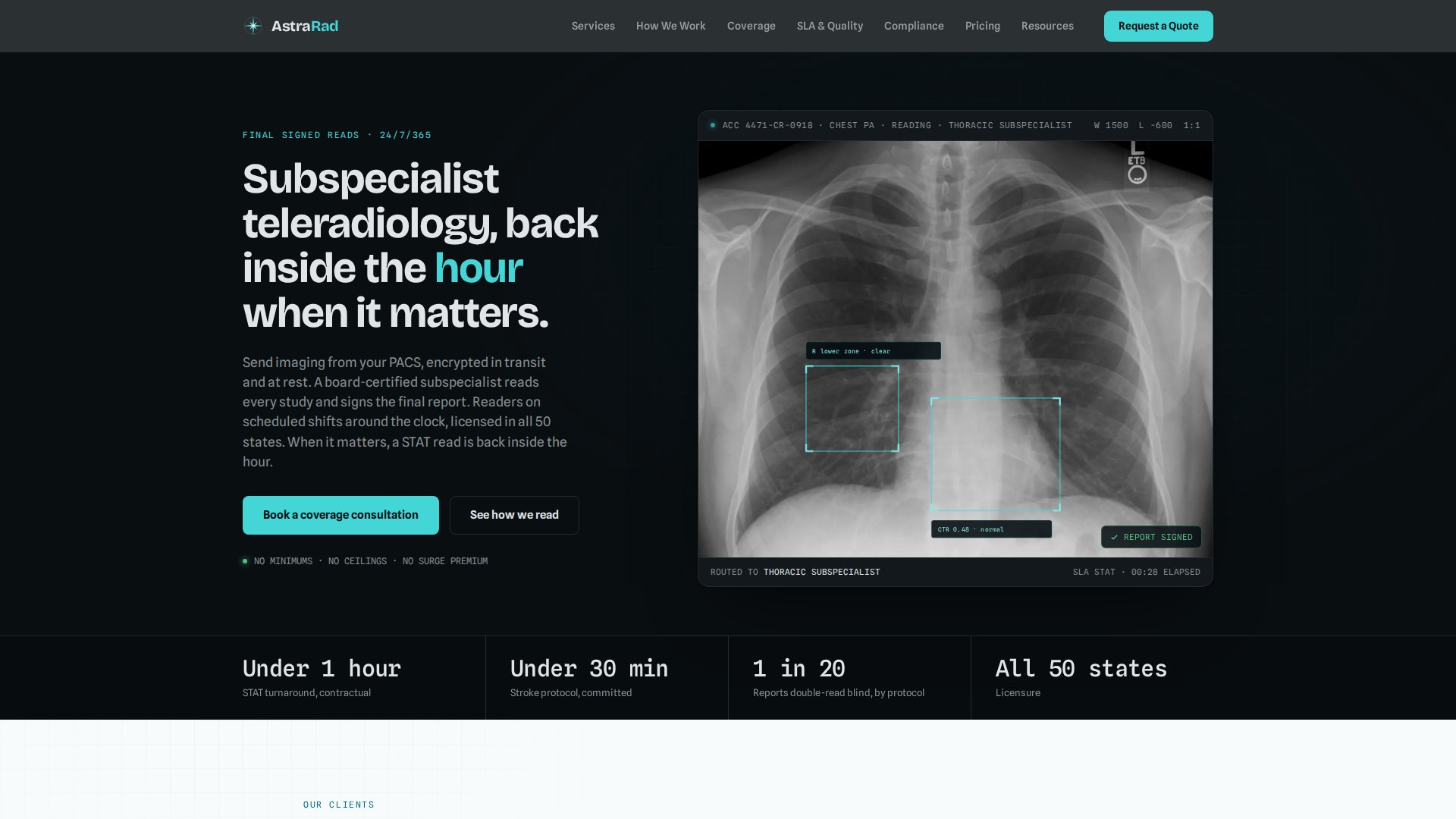 AstraRad teleradiology homepage with a chest X-ray open in the reading viewer