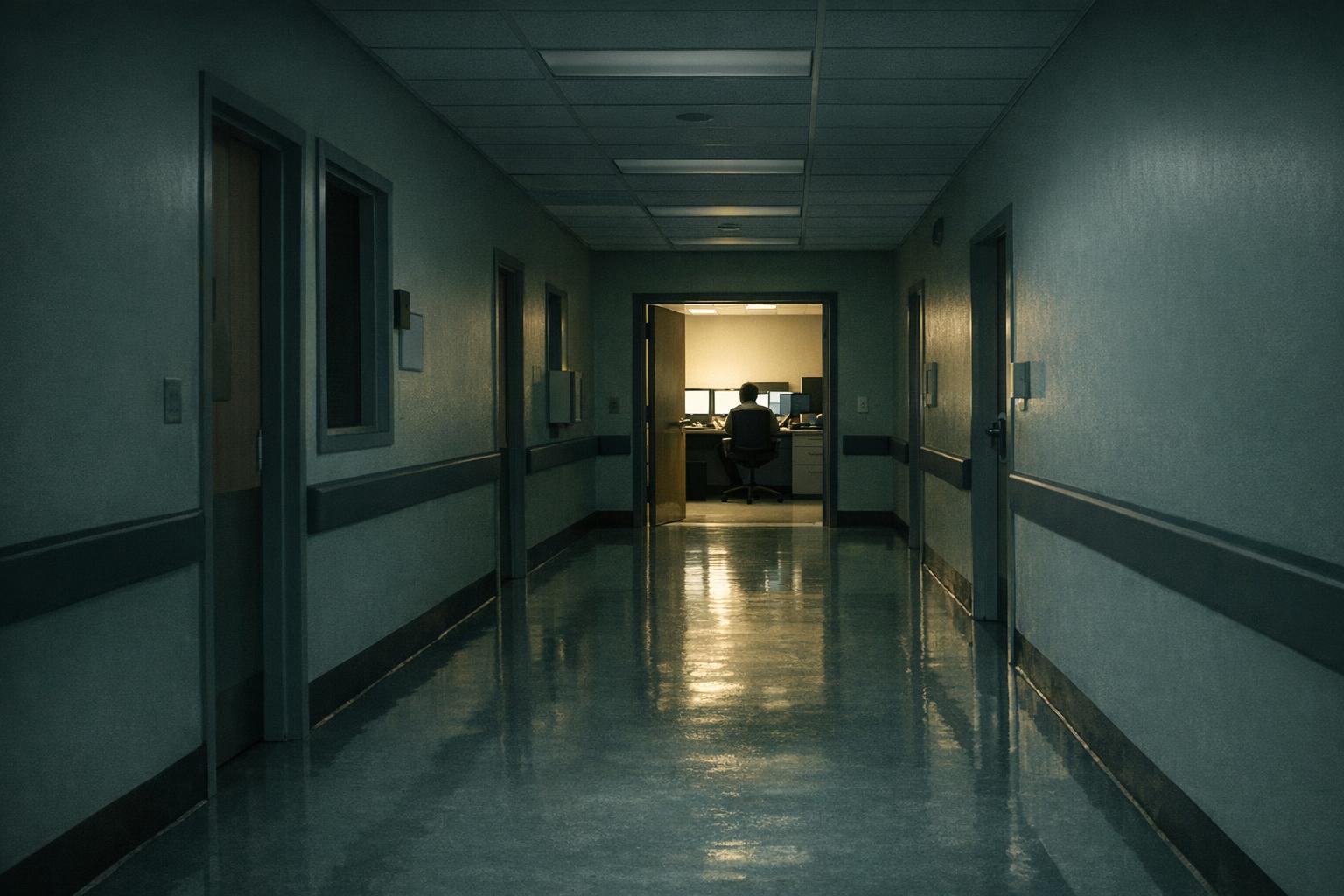 A hospital corridor at night with one lit reading room door at the end, illustrating what is a teleradiologist