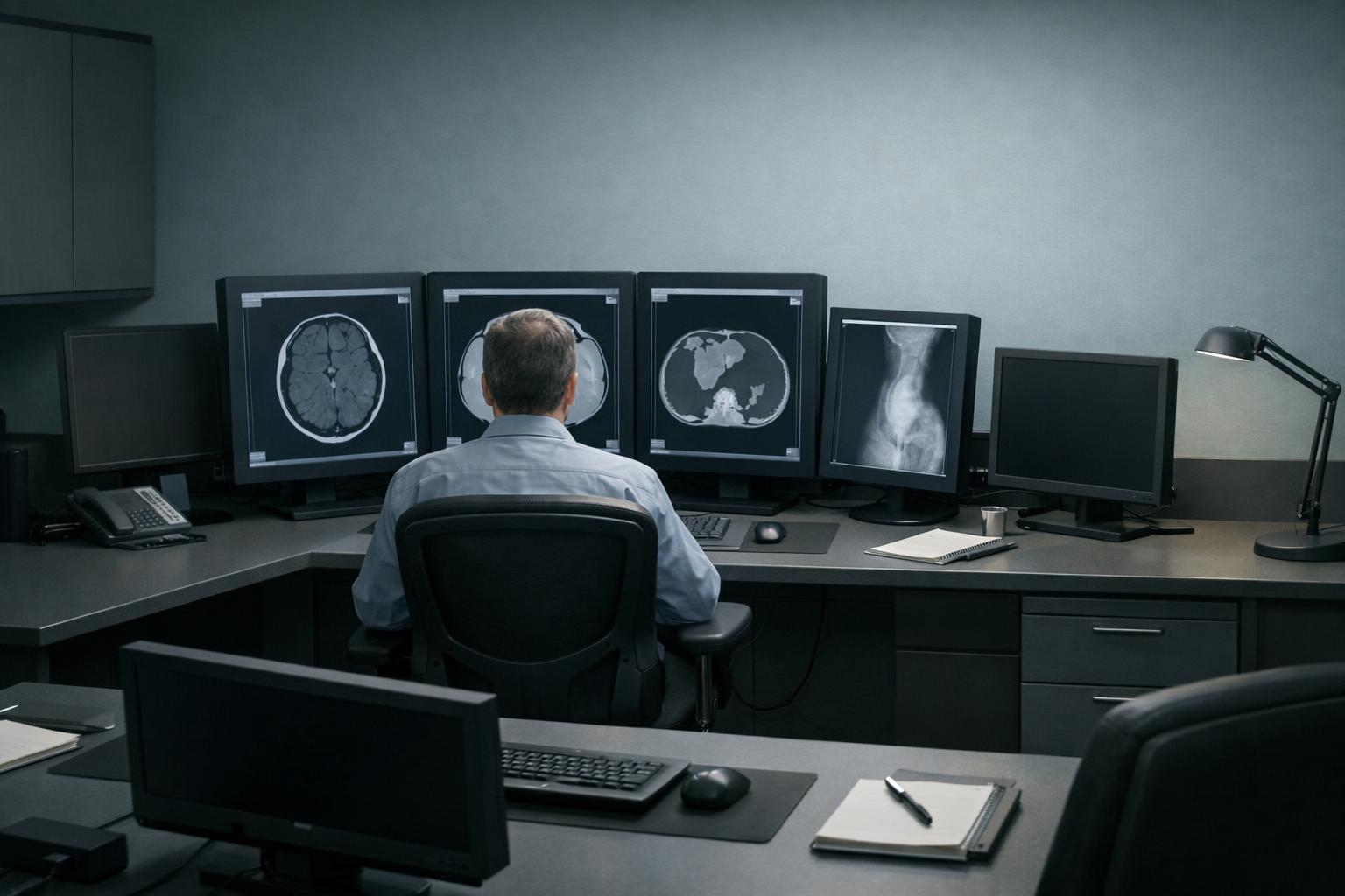 A subspecialist reading room with diagnostic displays and a quiet desk, illustrating what is a teleradiologist